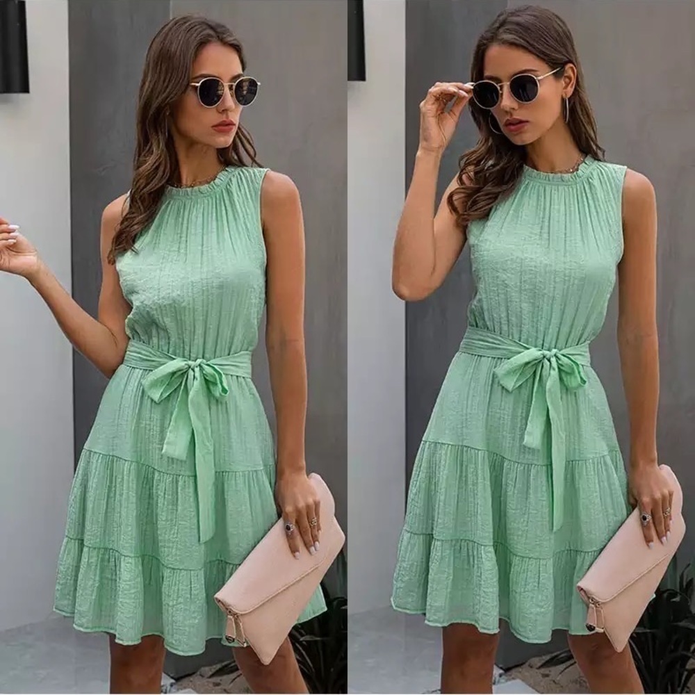 Green summer dress sleeves tiered ruched size M - Picture 11 of 12